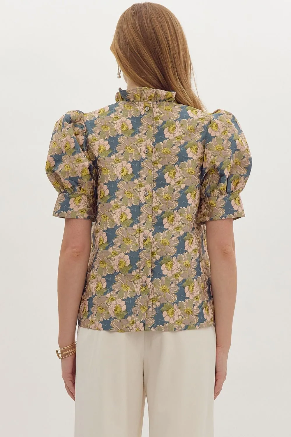 Floral print jacquard ruffle neck top