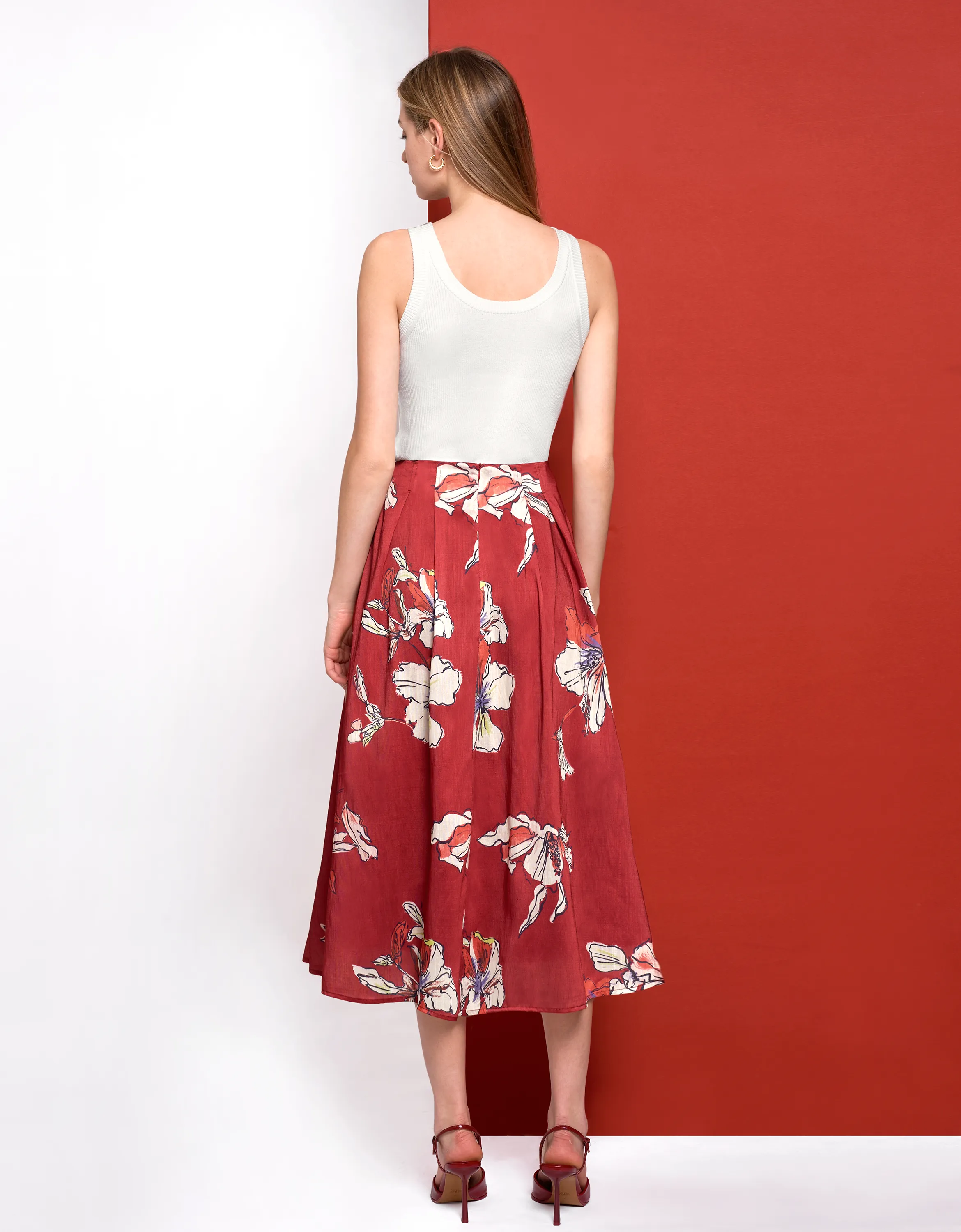 Floral Print Pleated Midi Skirt
