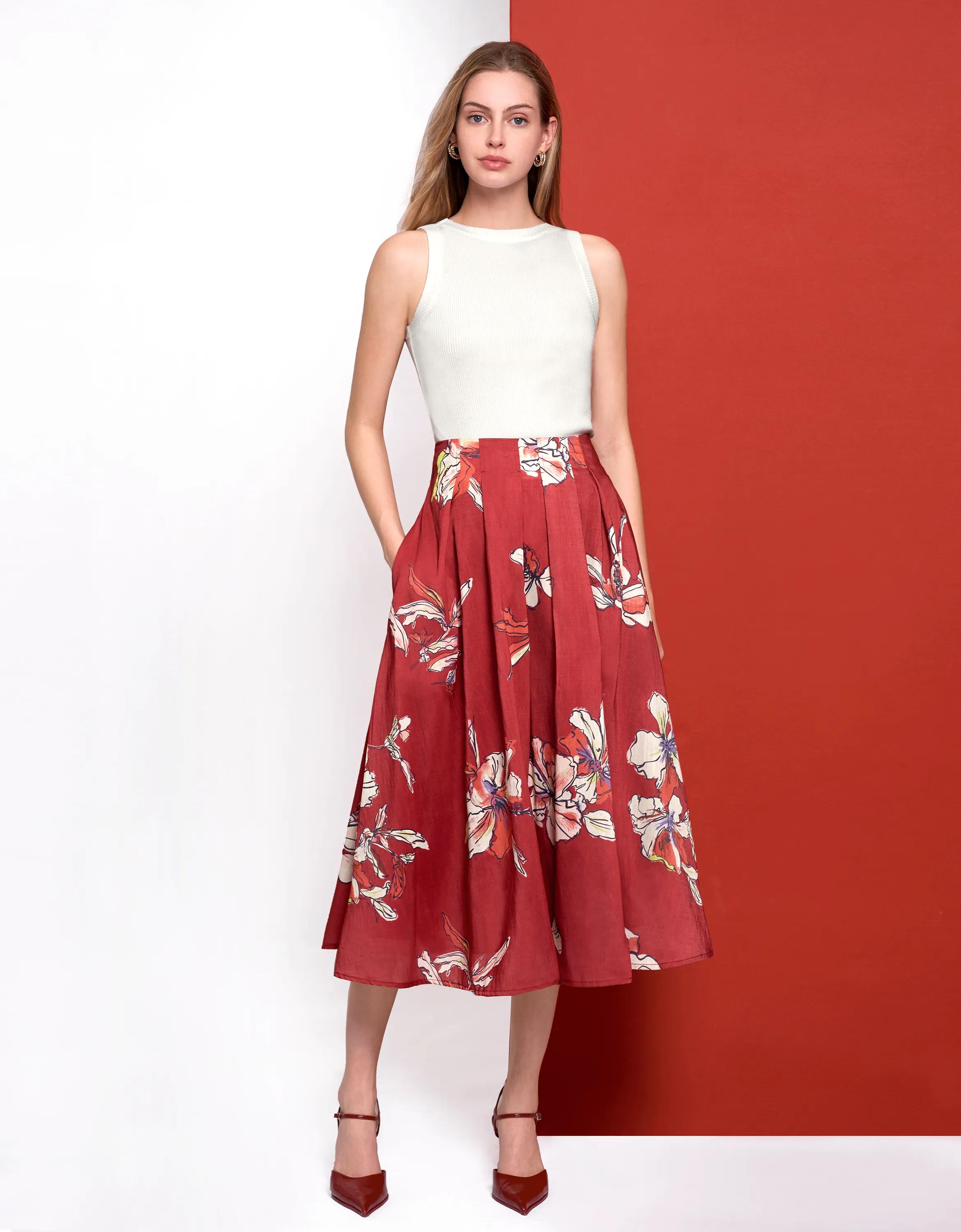 Floral Print Pleated Midi Skirt