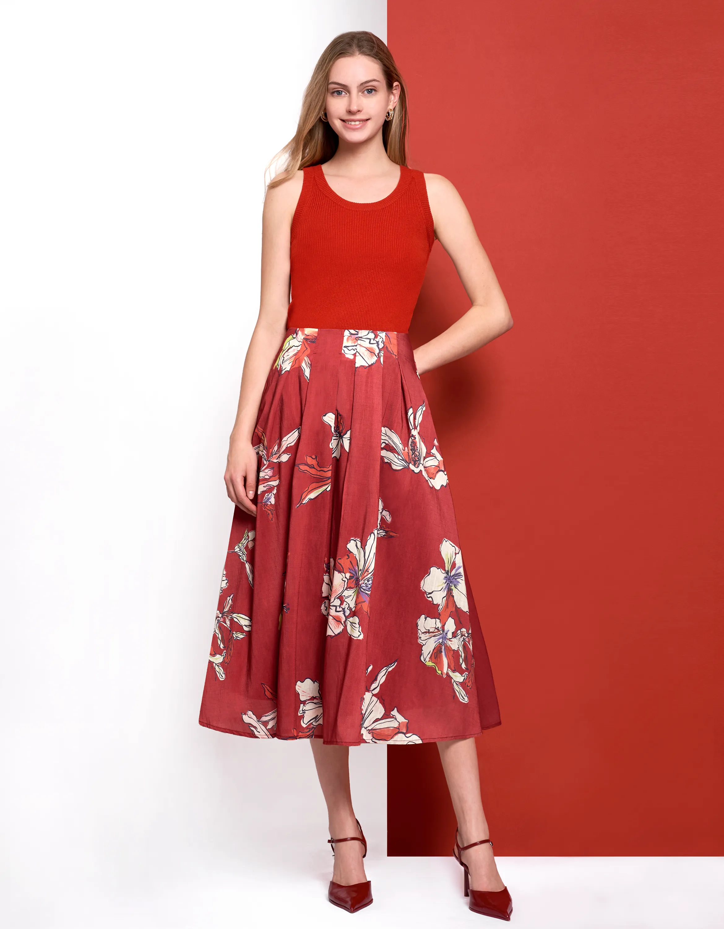 Floral Print Pleated Midi Skirt