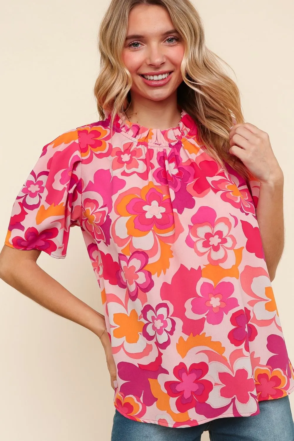 FLORAL PRINT WOVEN BLOUSE W/ BACK BUTTON DETAIL