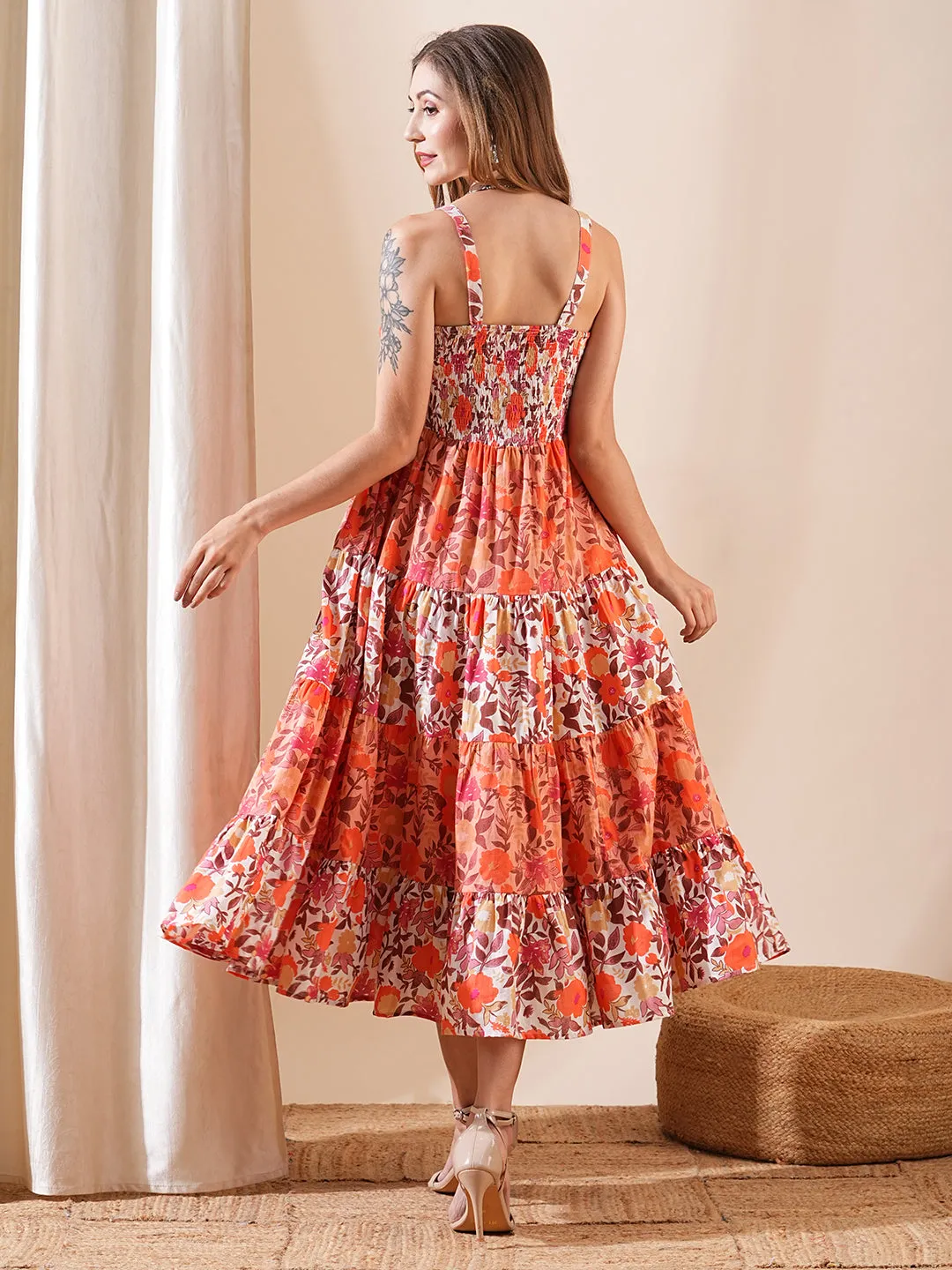 Floral Printed A-Line Pleated Tiered Midi Dress - Peach