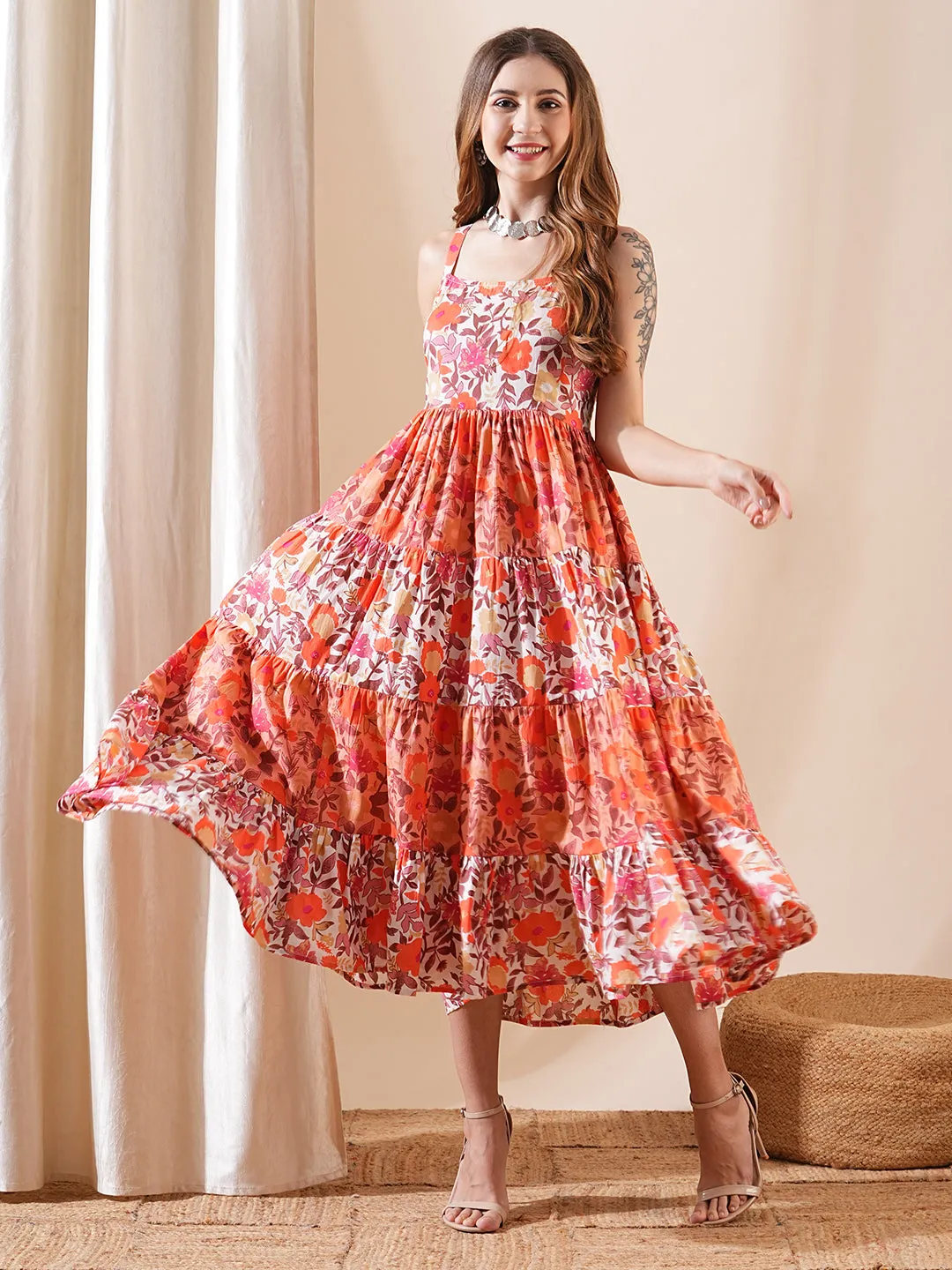 Floral Printed A-Line Pleated Tiered Midi Dress - Peach