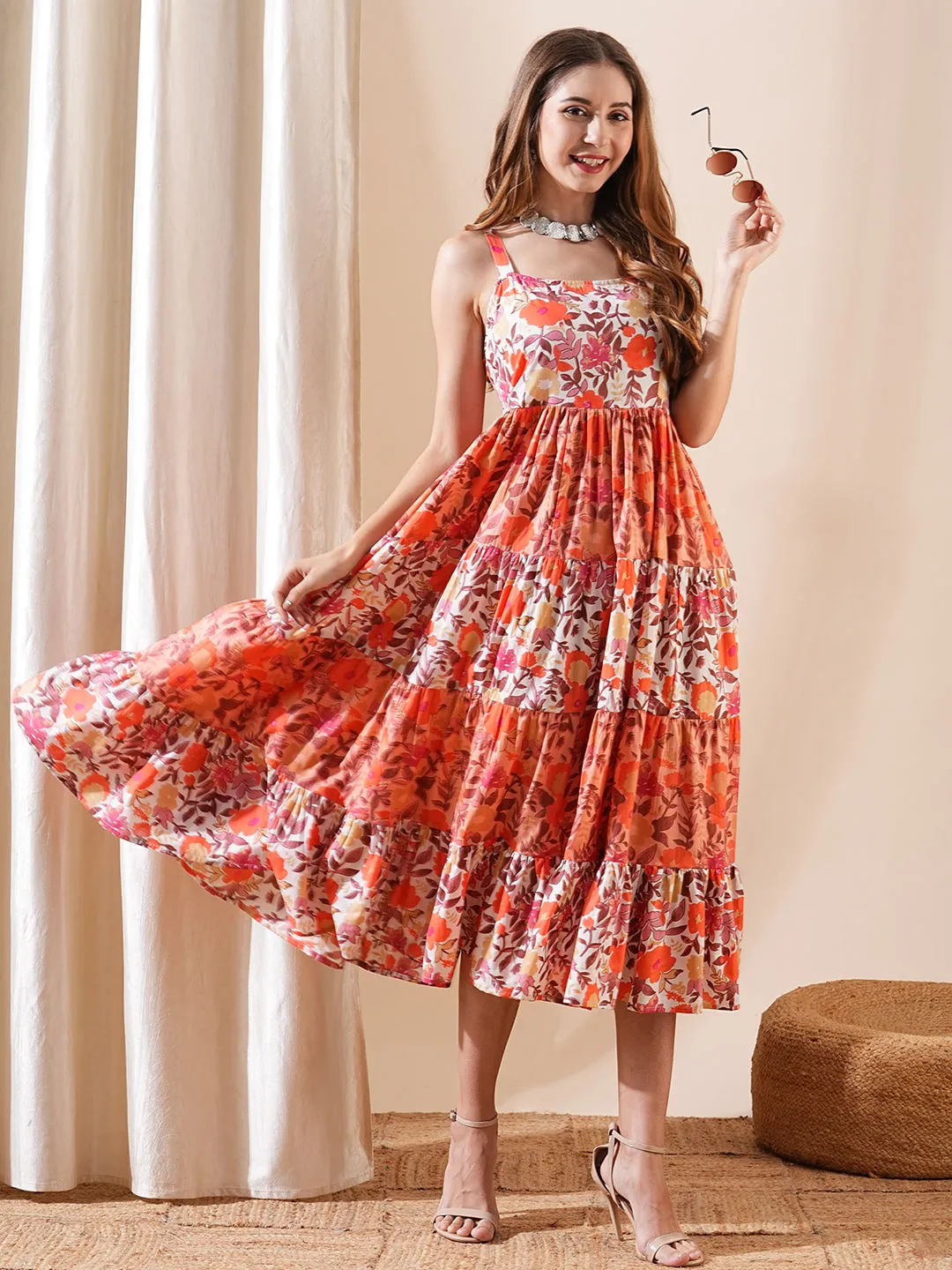 Floral Printed A-Line Pleated Tiered Midi Dress - Peach