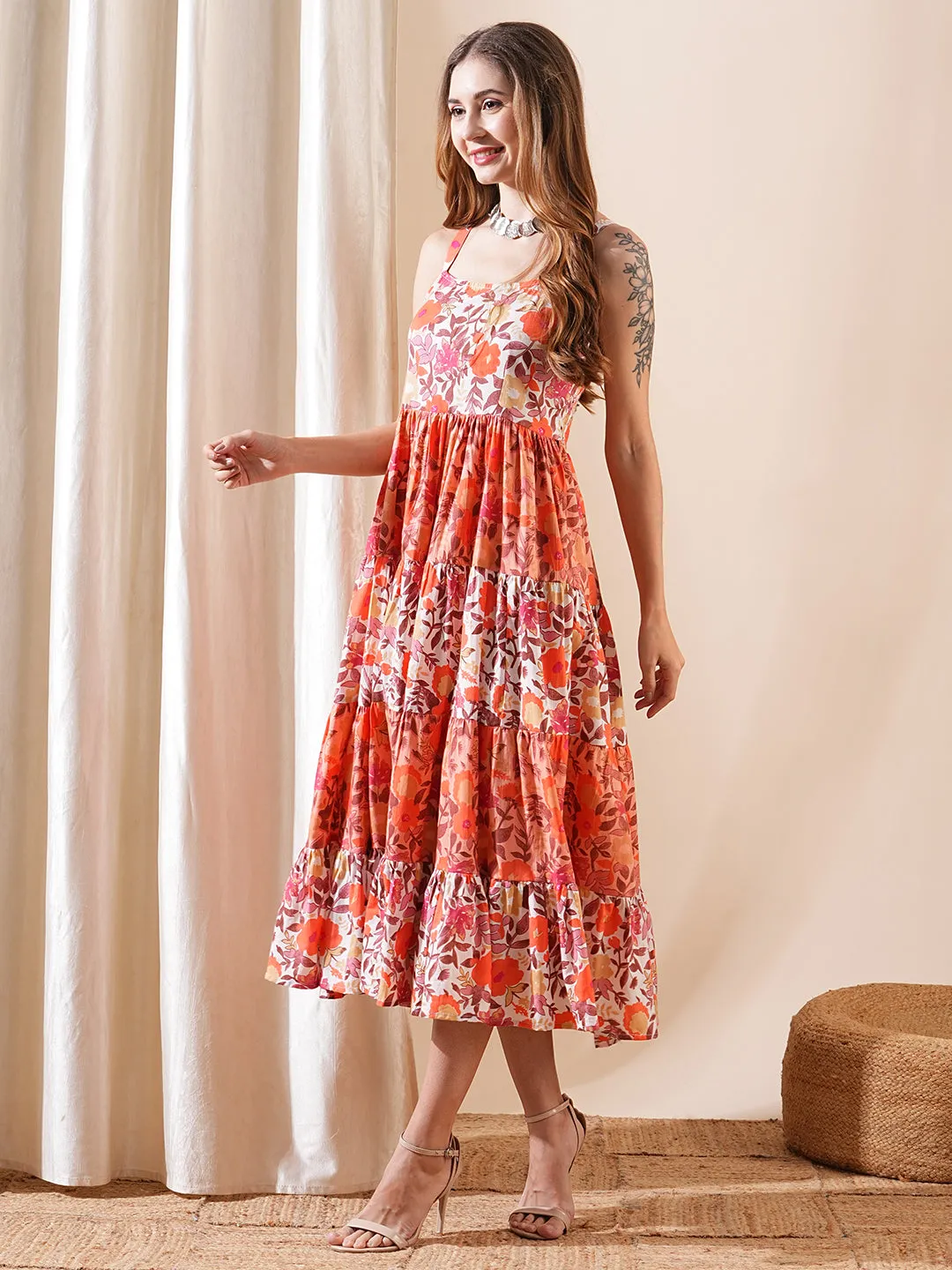 Floral Printed A-Line Pleated Tiered Midi Dress - Peach