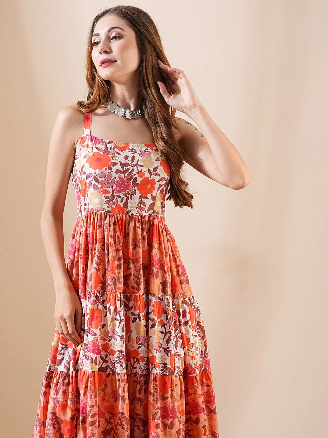 Floral Printed A-Line Pleated Tiered Midi Dress - Peach
