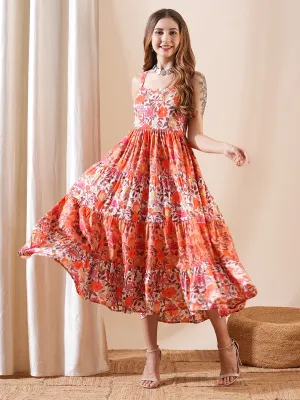 Floral Printed A-Line Pleated Tiered Midi Dress - Peach