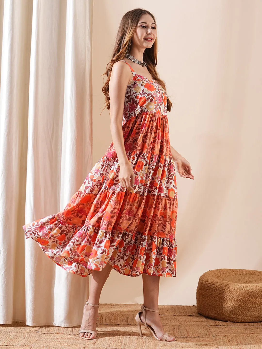 Floral Printed A-Line Pleated Tiered Midi Dress - Peach