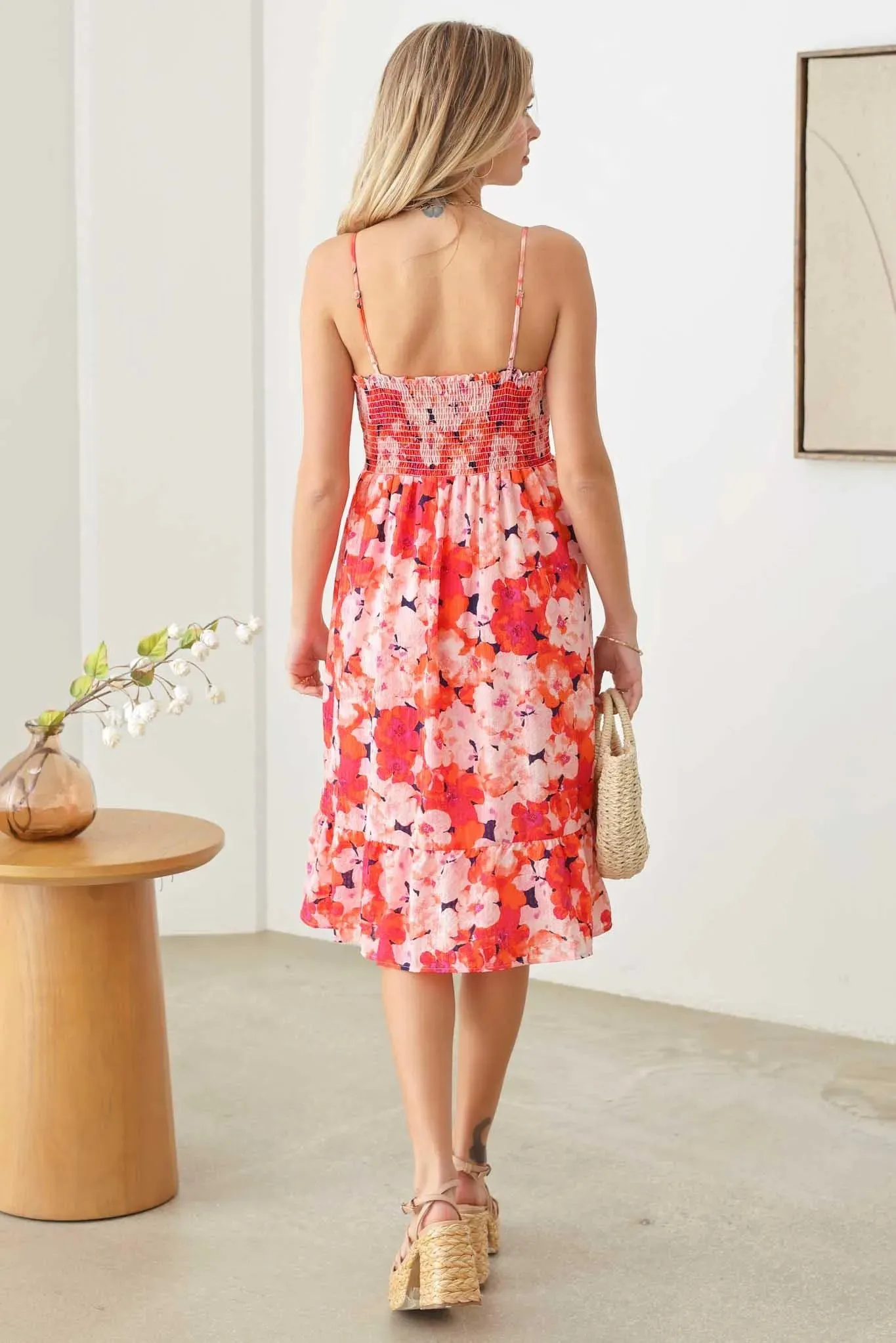 Floral Twist Front Smocked Back Ruffle Hem Midi Dress