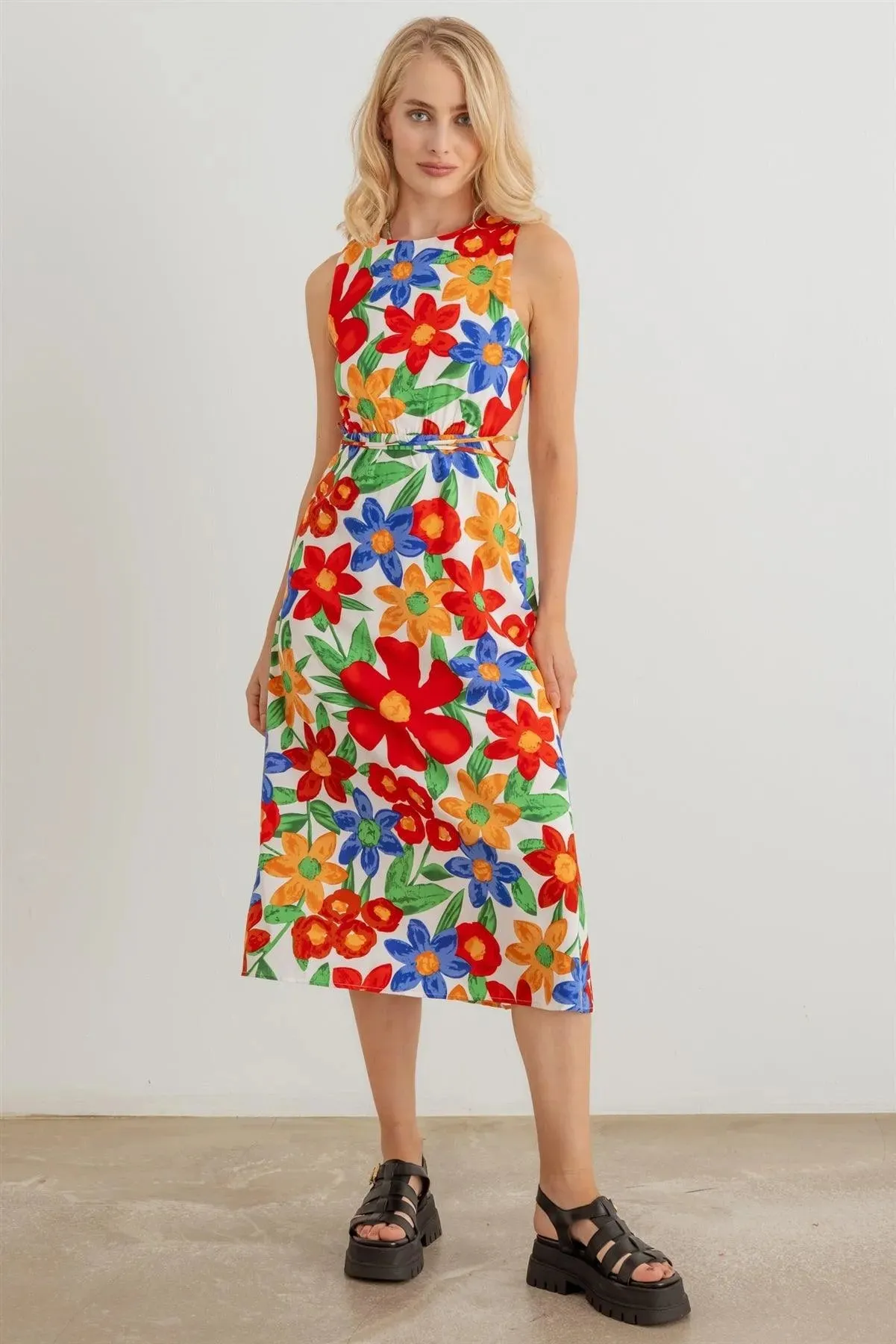Flower Print Sleeveless Open Back Midi Dress