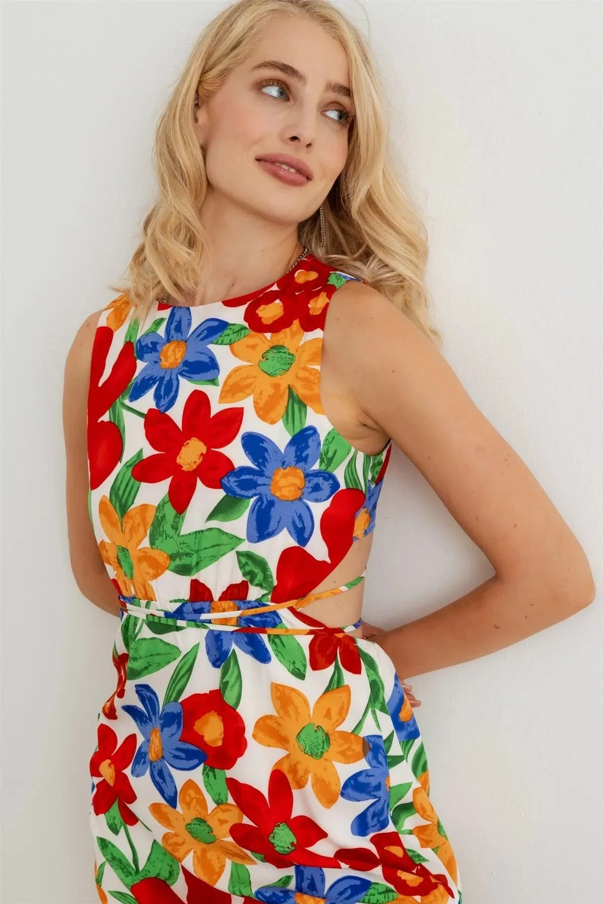 Flower Print Sleeveless Open Back Midi Dress