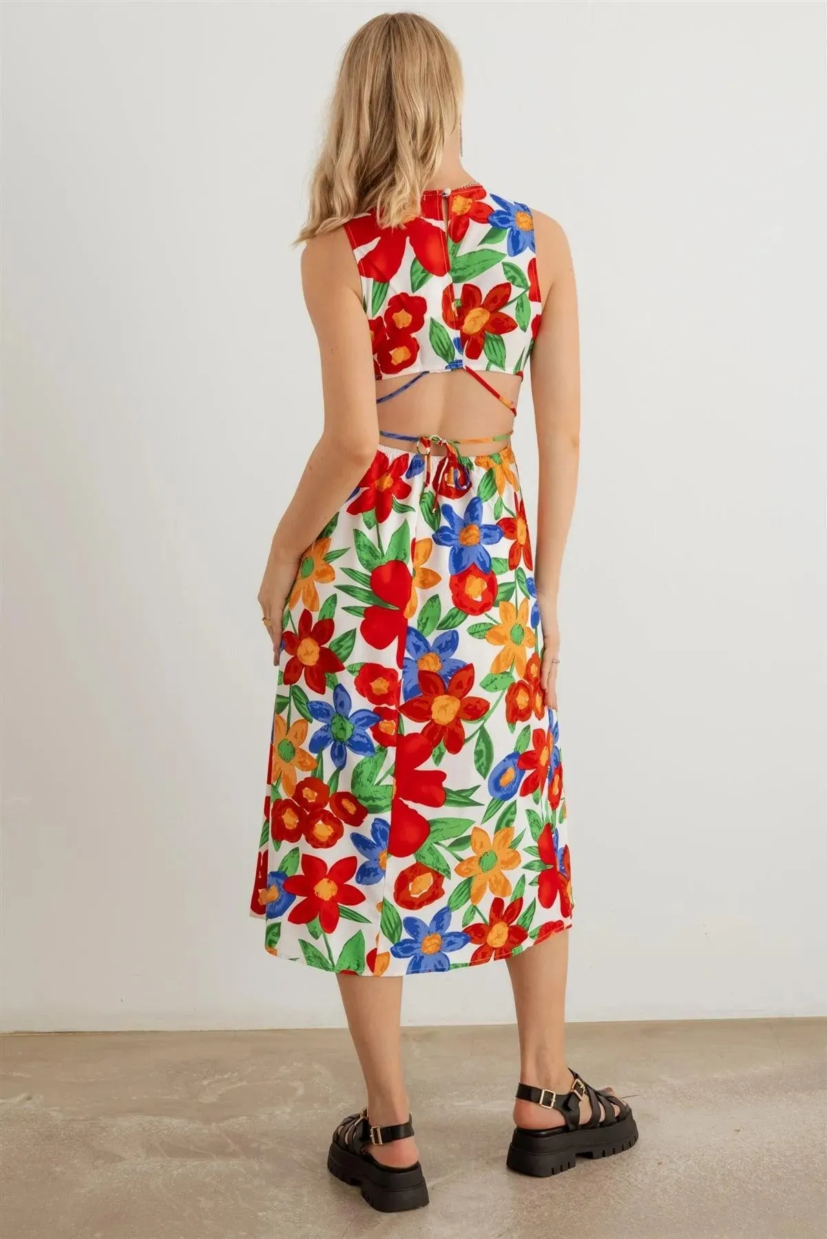 Flower Print Sleeveless Open Back Midi Dress
