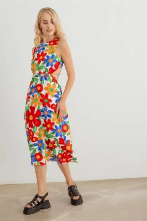 Flower Print Sleeveless Open Back Midi Dress