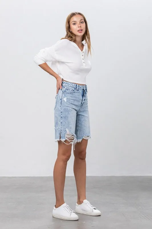 High Rise Frayed Hem Bermuda Denim Shorts -online exclusive