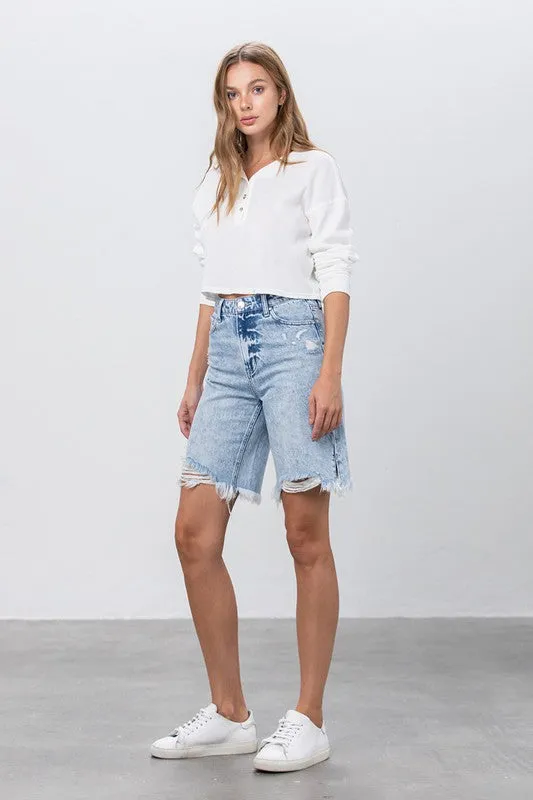 High Rise Frayed Hem Bermuda Denim Shorts -online exclusive