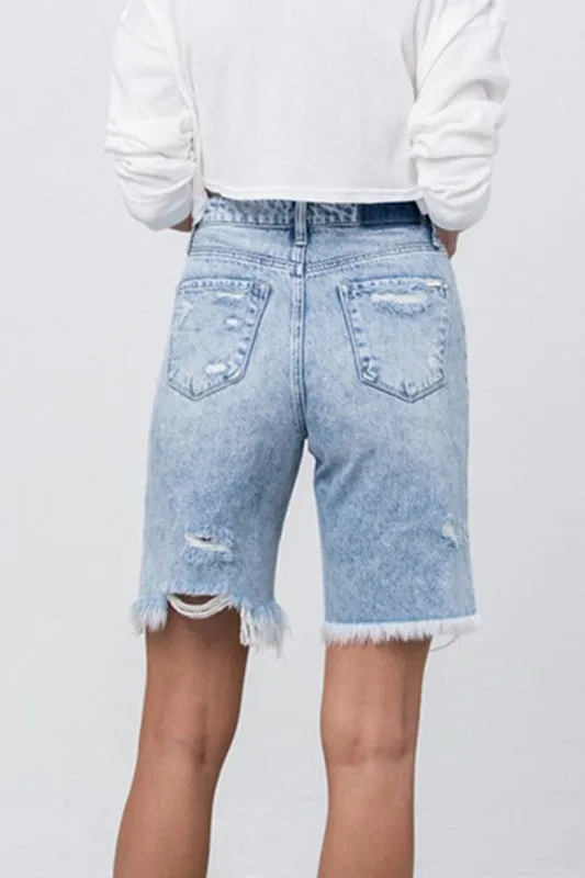 High Rise Frayed Hem Bermuda Denim Shorts -online exclusive