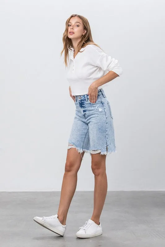 High Rise Frayed Hem Bermuda Denim Shorts -online exclusive