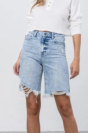 High Rise Frayed Hem Bermuda Denim Shorts -online exclusive