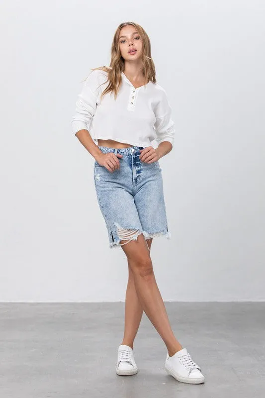 High Rise Frayed Hem Bermuda Denim Shorts -online exclusive