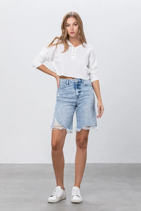 High Rise Frayed Hem Bermuda Denim Shorts -online exclusive