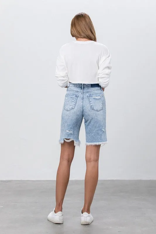 High Rise Frayed Hem Bermuda Denim Shorts -online exclusive