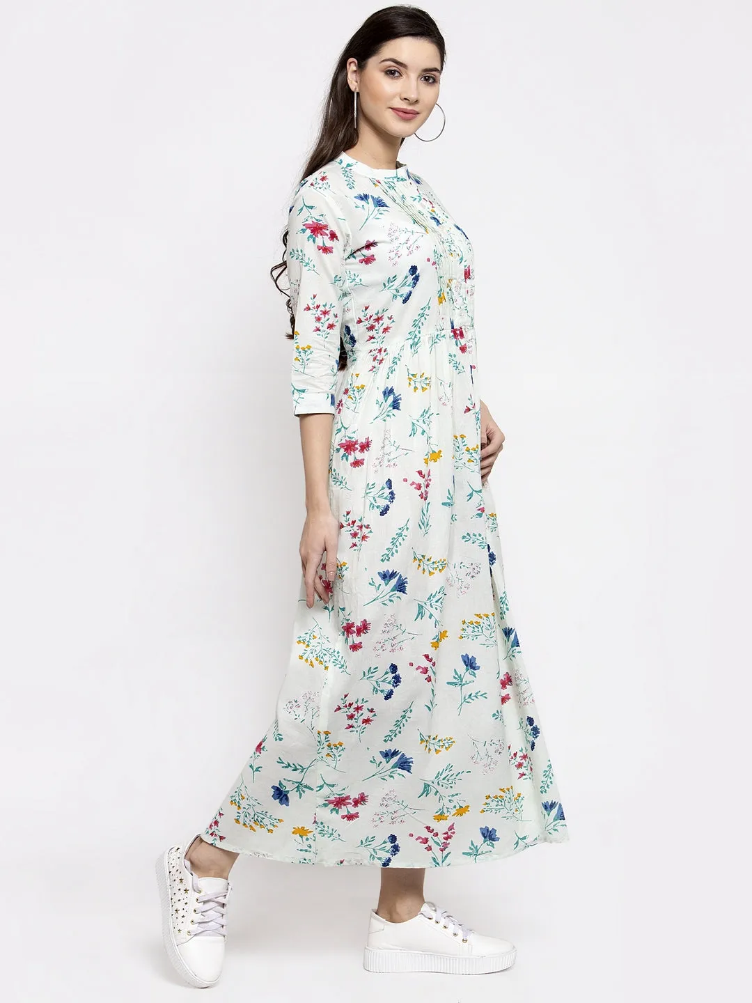 Indibelle cotton floral print A-line Dress (Green)