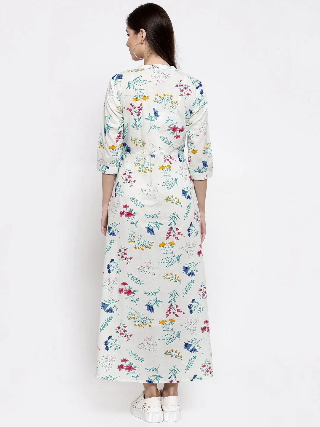 Indibelle cotton floral print A-line Dress (Green)