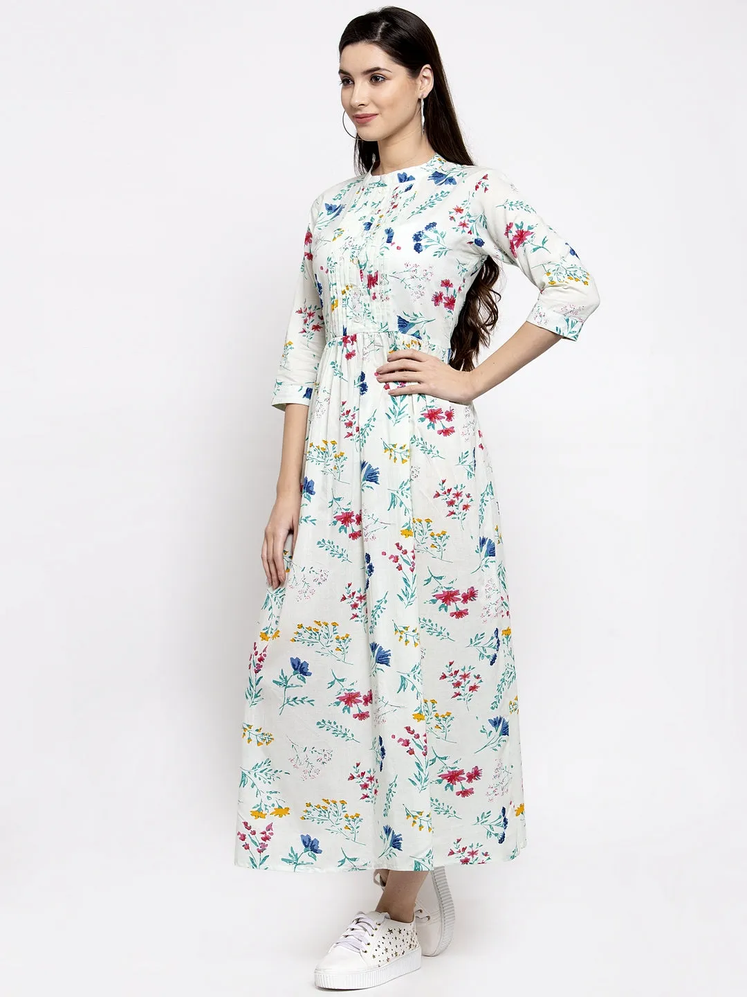 Indibelle cotton floral print A-line Dress (Green)