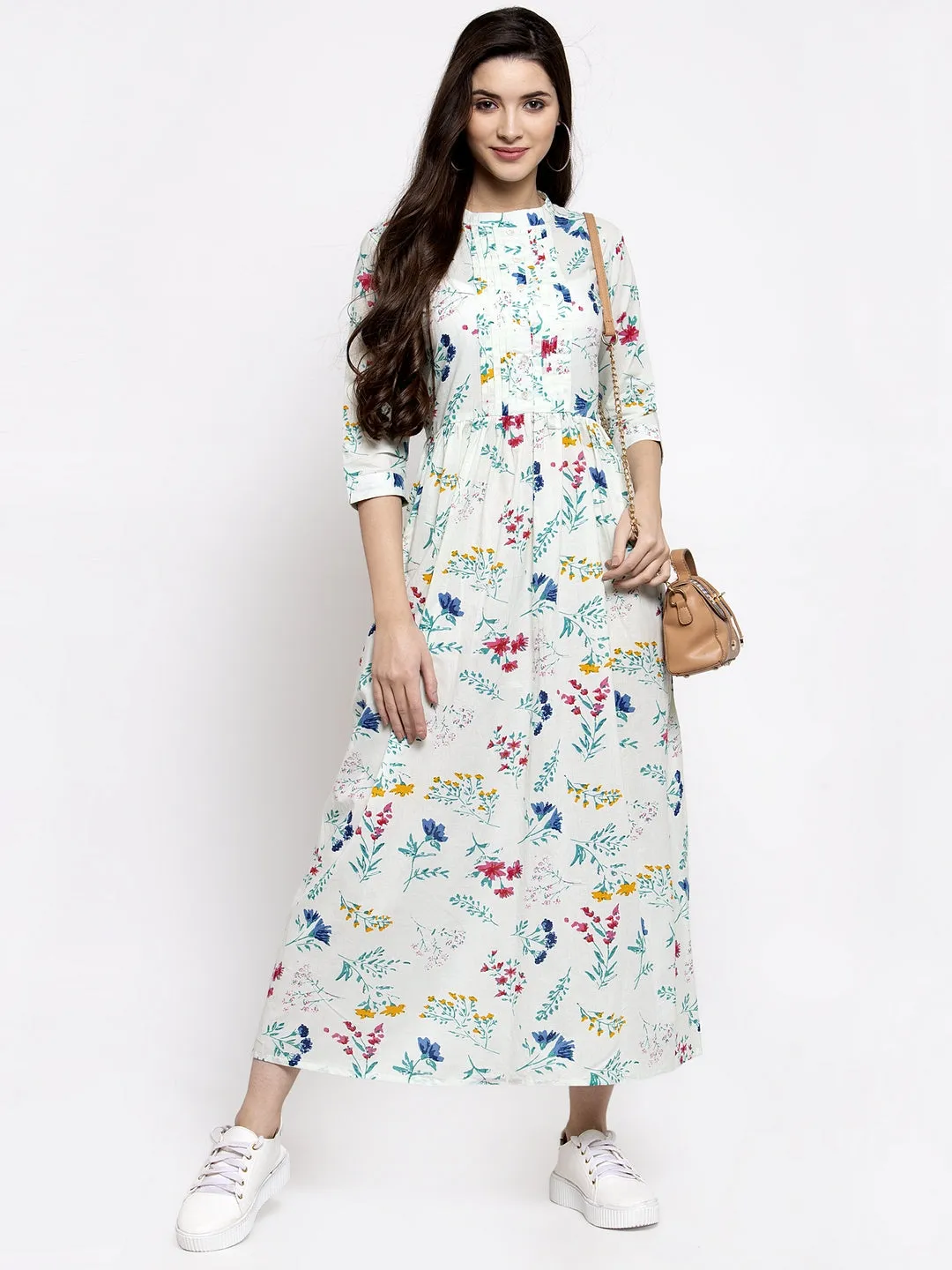 Indibelle cotton floral print A-line Dress (Green)