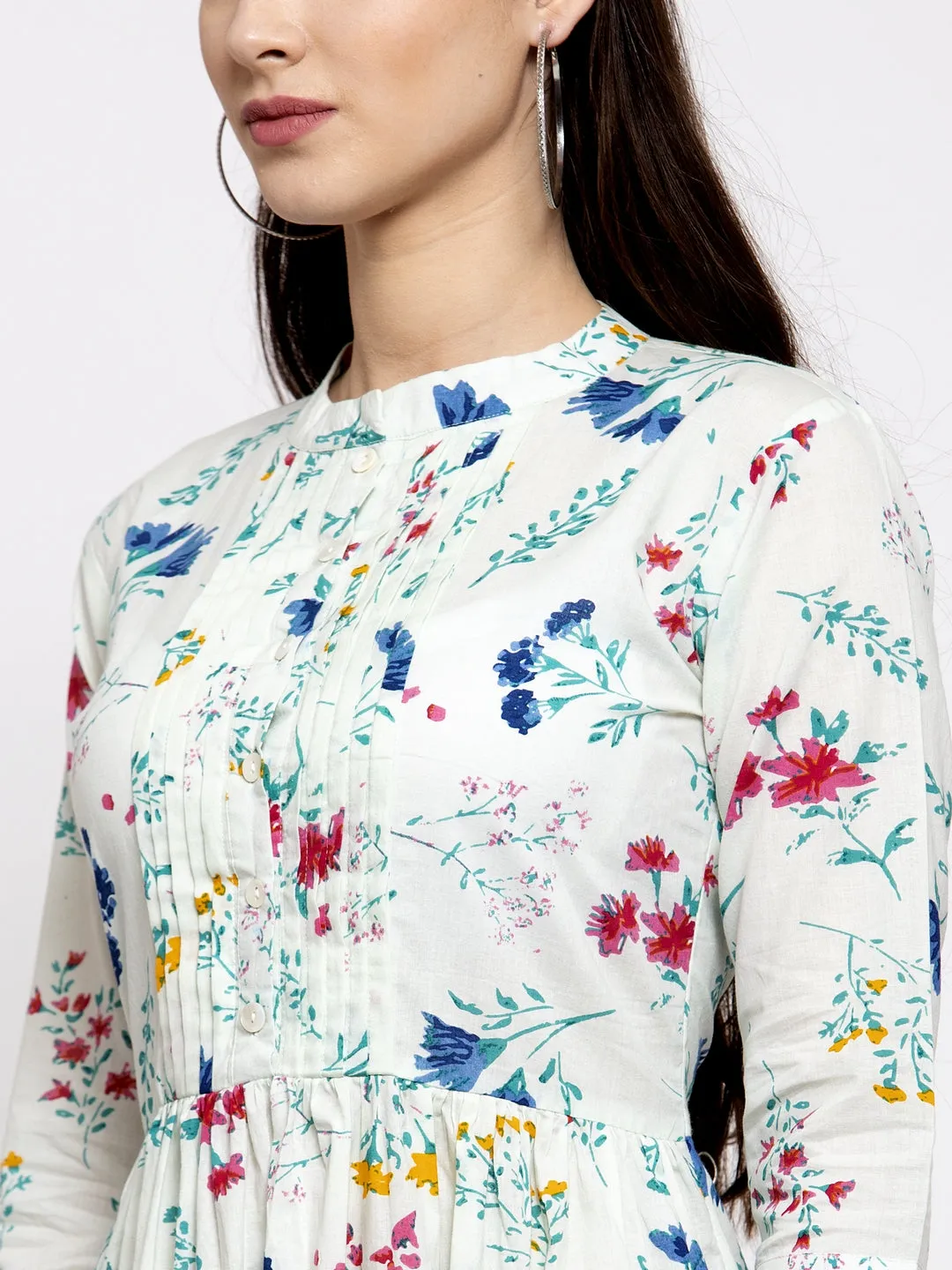 Indibelle cotton floral print A-line Dress (Green)