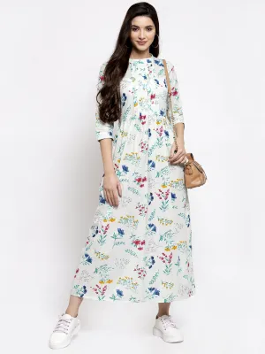 Indibelle cotton floral print A-line Dress (Green)