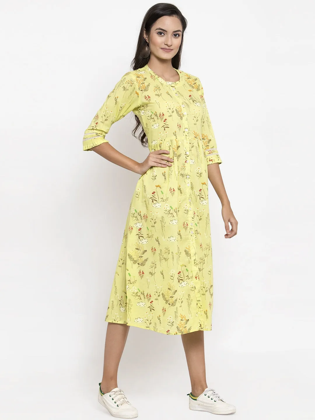 Indibelle Cotton Floral Print A-line Dress (Yellow)