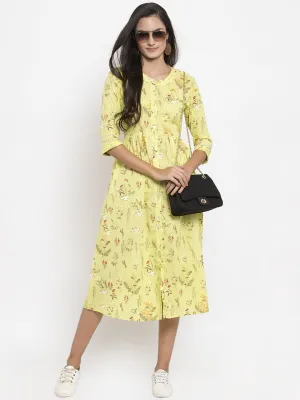 Indibelle Cotton Floral Print A-line Dress (Yellow)