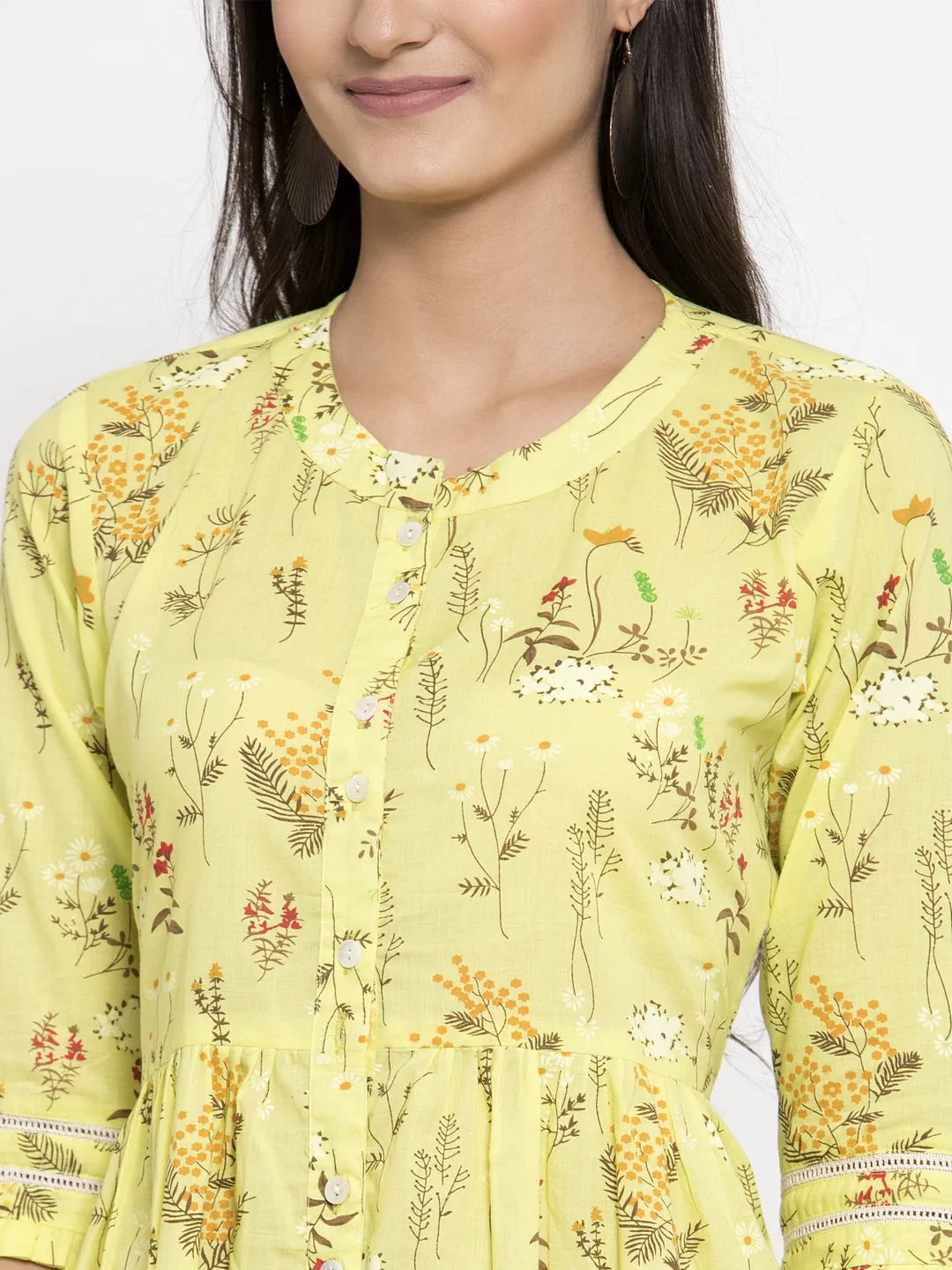 Indibelle Cotton Floral Print A-line Dress (Yellow)