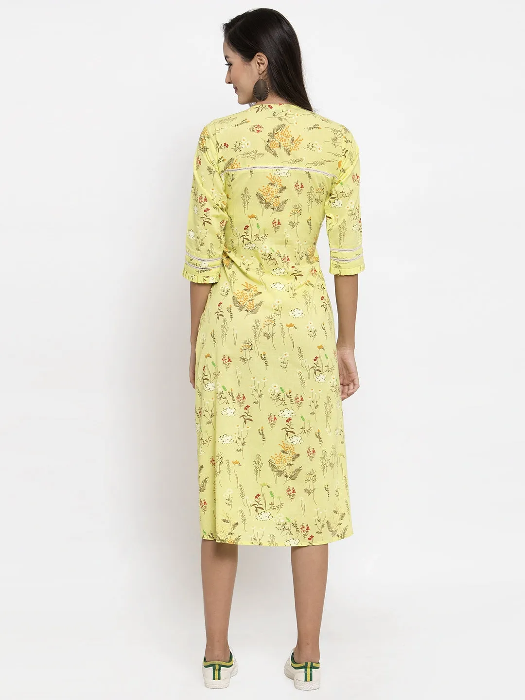 Indibelle Cotton Floral Print A-line Dress (Yellow)