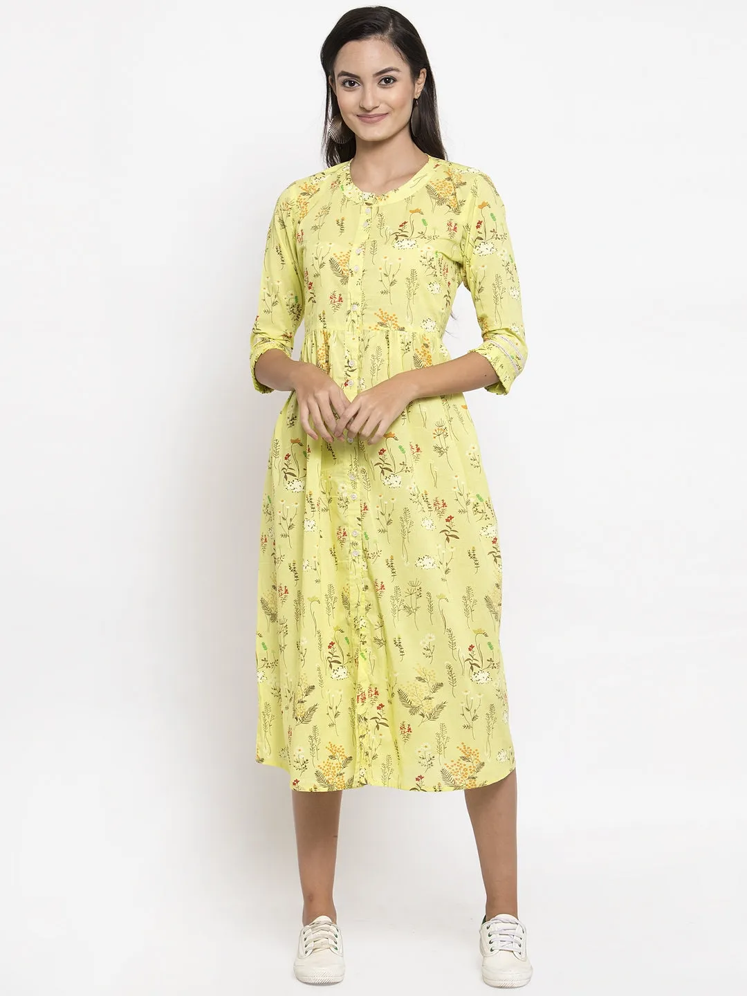 Indibelle Cotton Floral Print A-line Dress (Yellow)