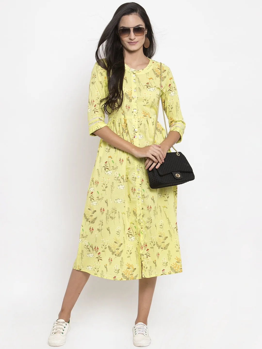 Indibelle Cotton Floral Print A-line Dress (Yellow)