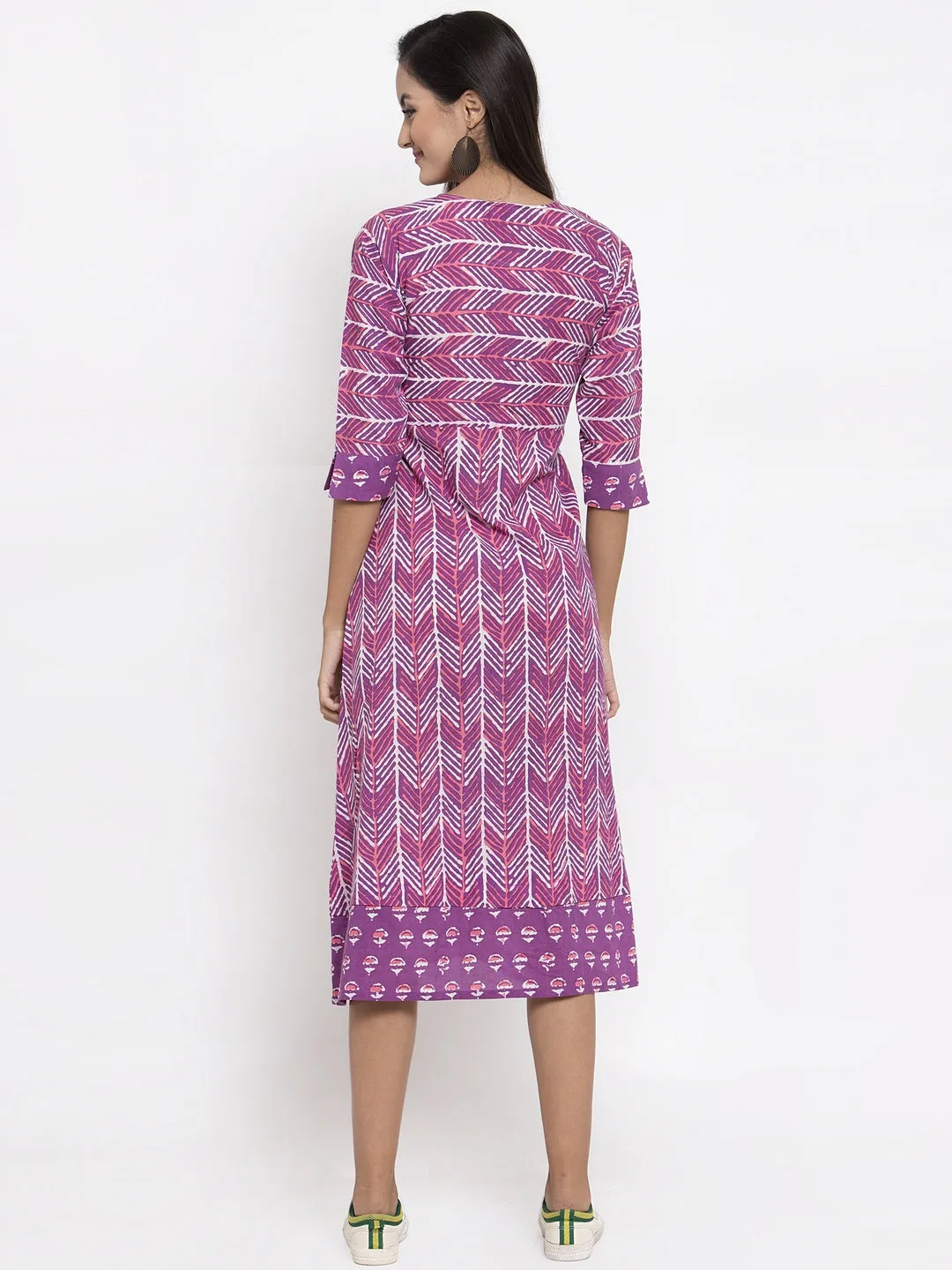 Indibelle Cotton Geometric Print A-line Dress (Purple)
