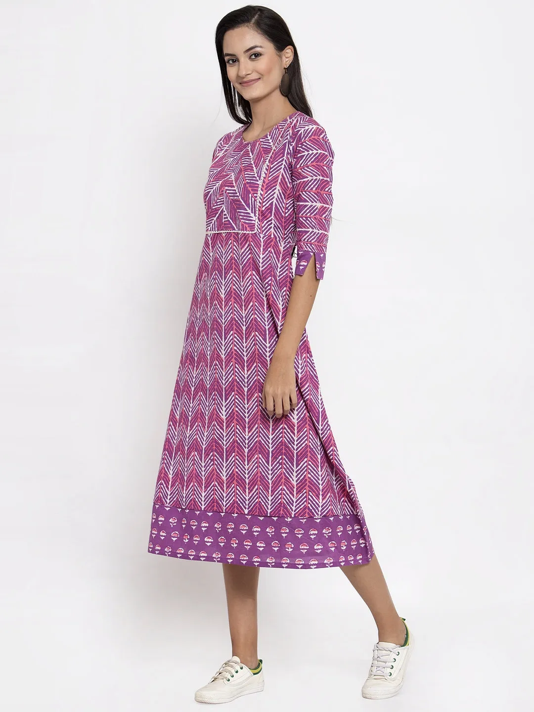 Indibelle Cotton Geometric Print A-line Dress (Purple)
