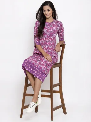 Indibelle Cotton Geometric Print A-line Dress (Purple)