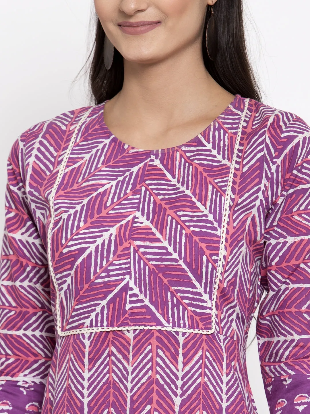 Indibelle Cotton Geometric Print A-line Dress (Purple)