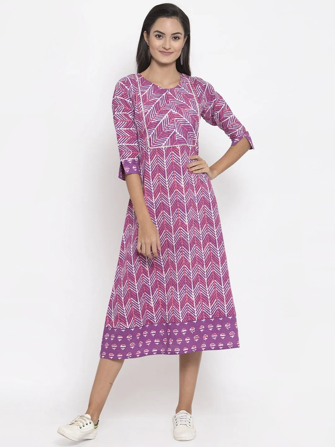 Indibelle Cotton Geometric Print A-line Dress (Purple)