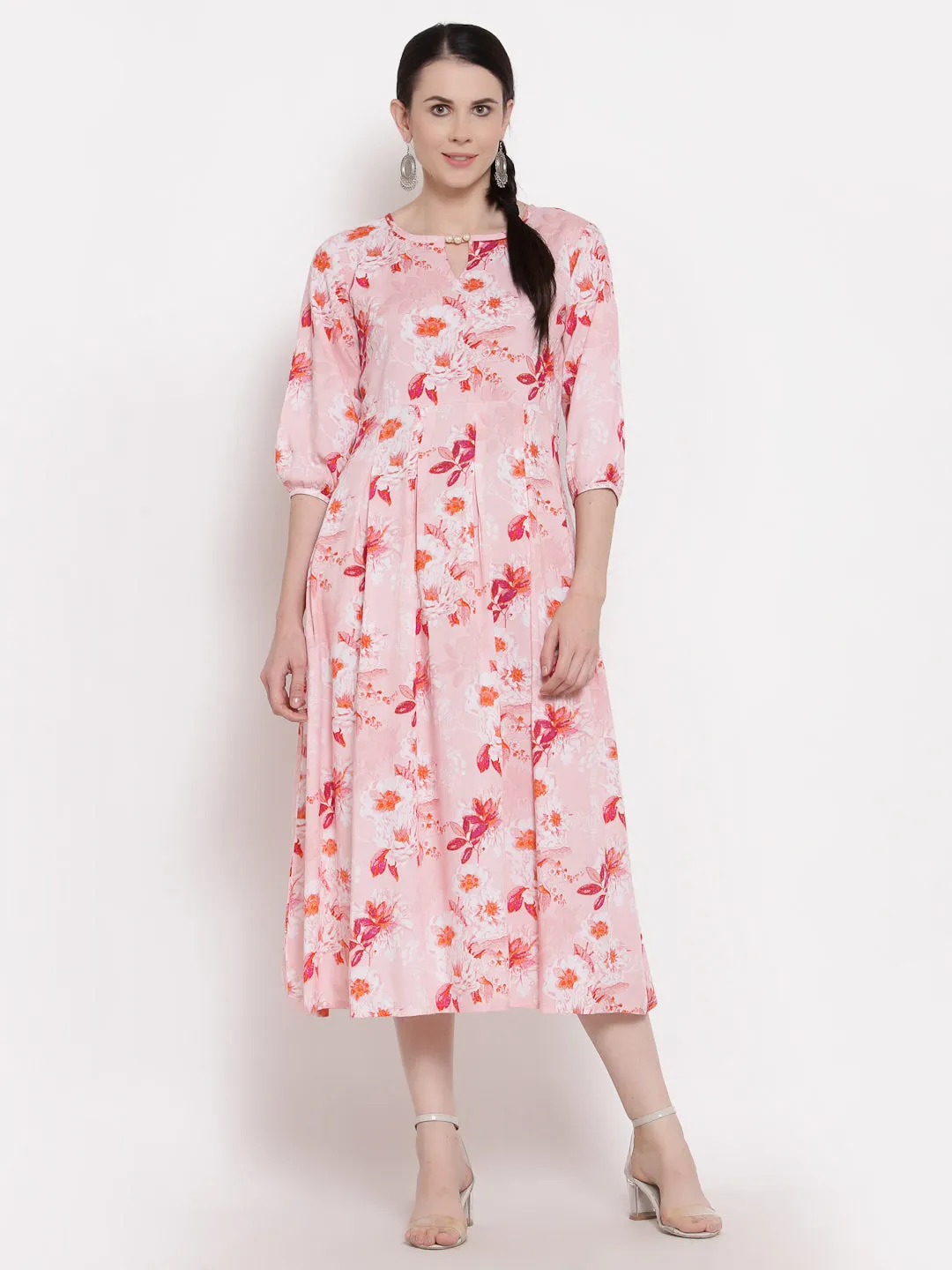 Indibelle Rayon Floral Print Midi Dress (Pink)