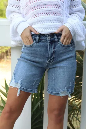 JUDY BLUE HIGH WAIST DESTROY MID LENGTHSHORTS