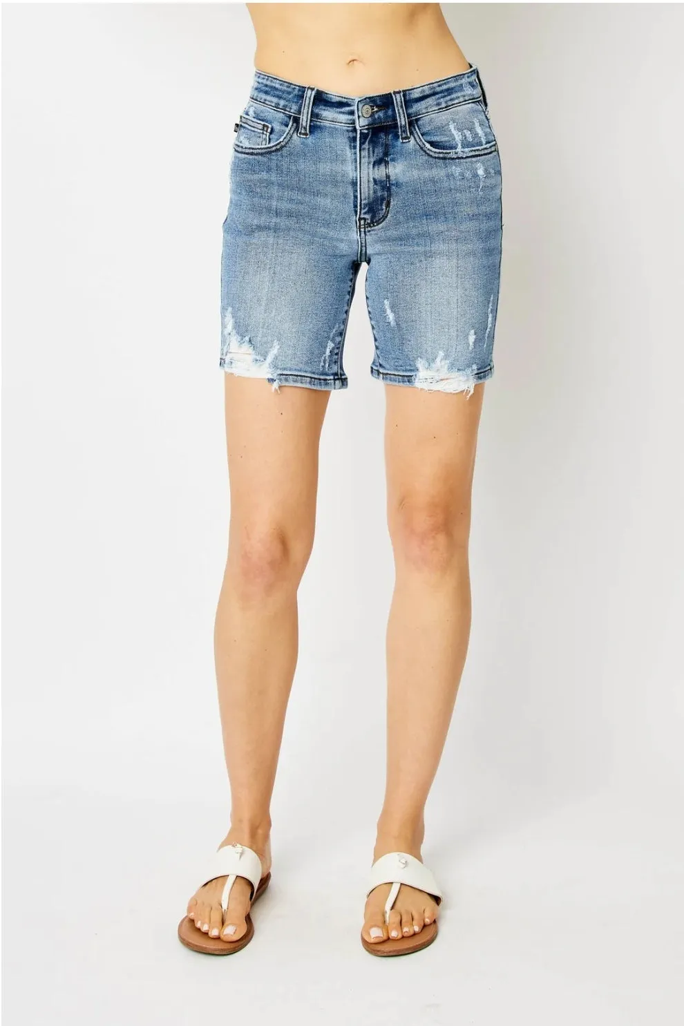 JUDY BLUE HIGH WAIST DESTROY MID LENGTHSHORTS