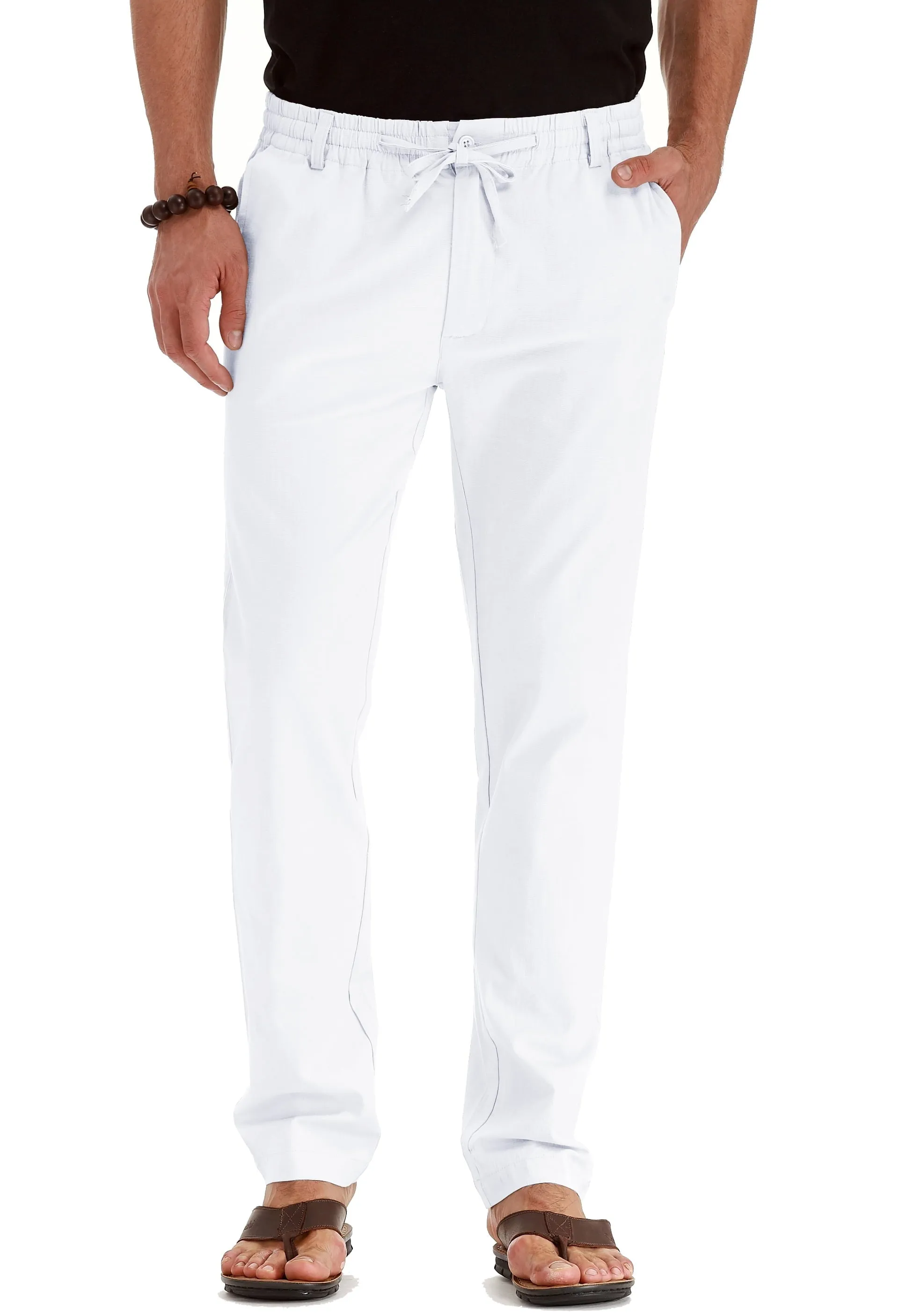JWD Men's Drawstring Linen Pants Casual Summer Beach Loose Trousers Gray Khaki-US 34