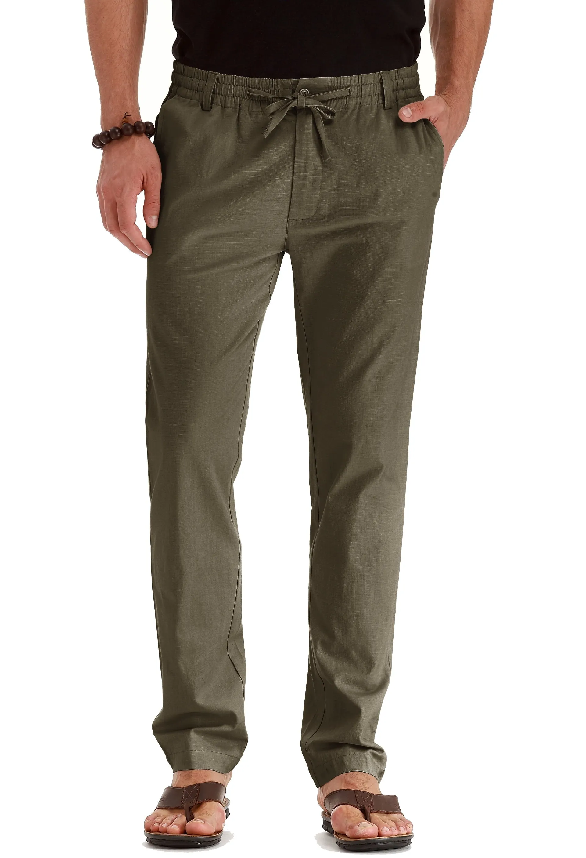 JWD Men's Drawstring Linen Pants Casual Summer Beach Loose Trousers Gray Khaki-US 34