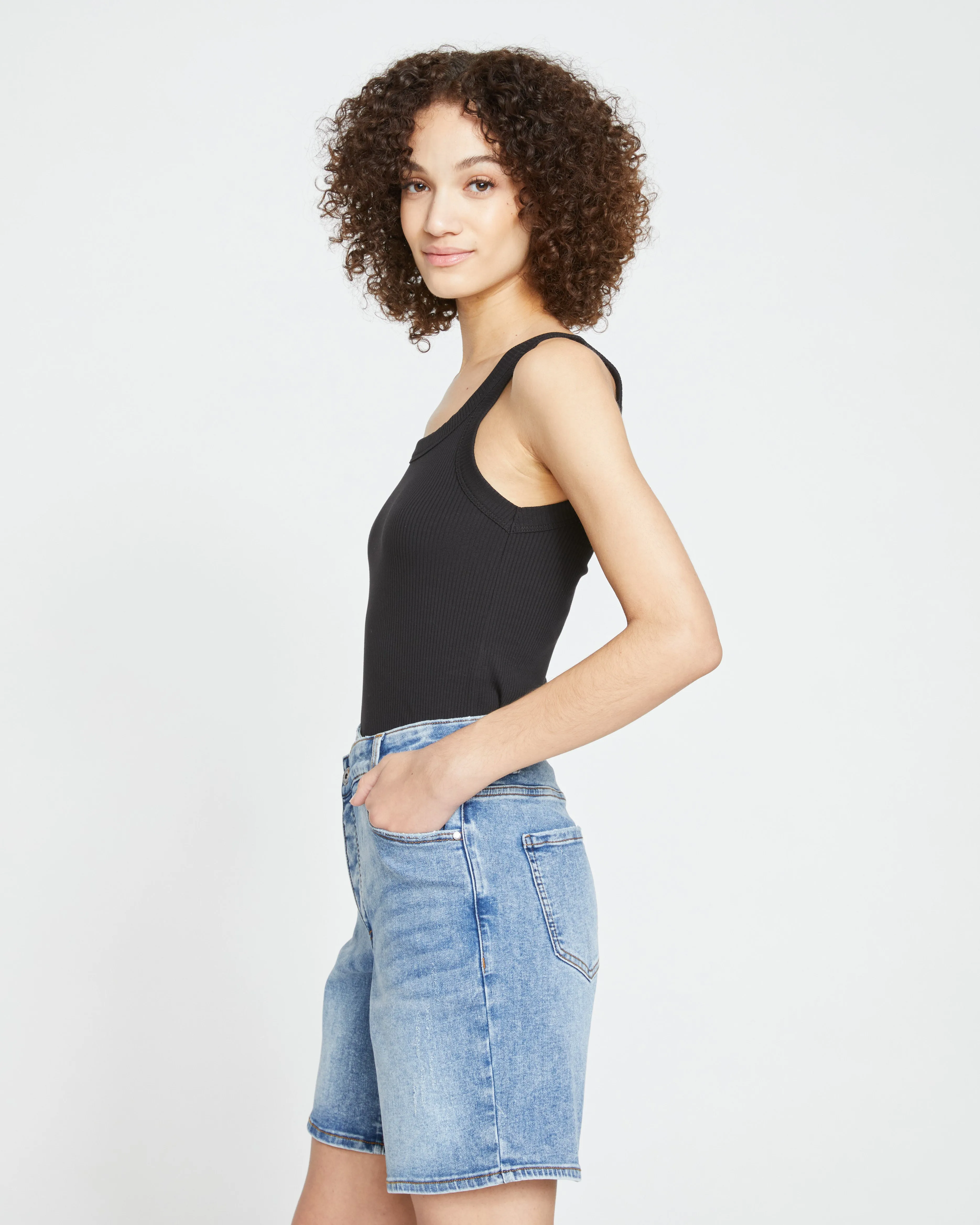 Katie High Rise Crossover Denim Shorts - Distressed Vintage Indigo Wash