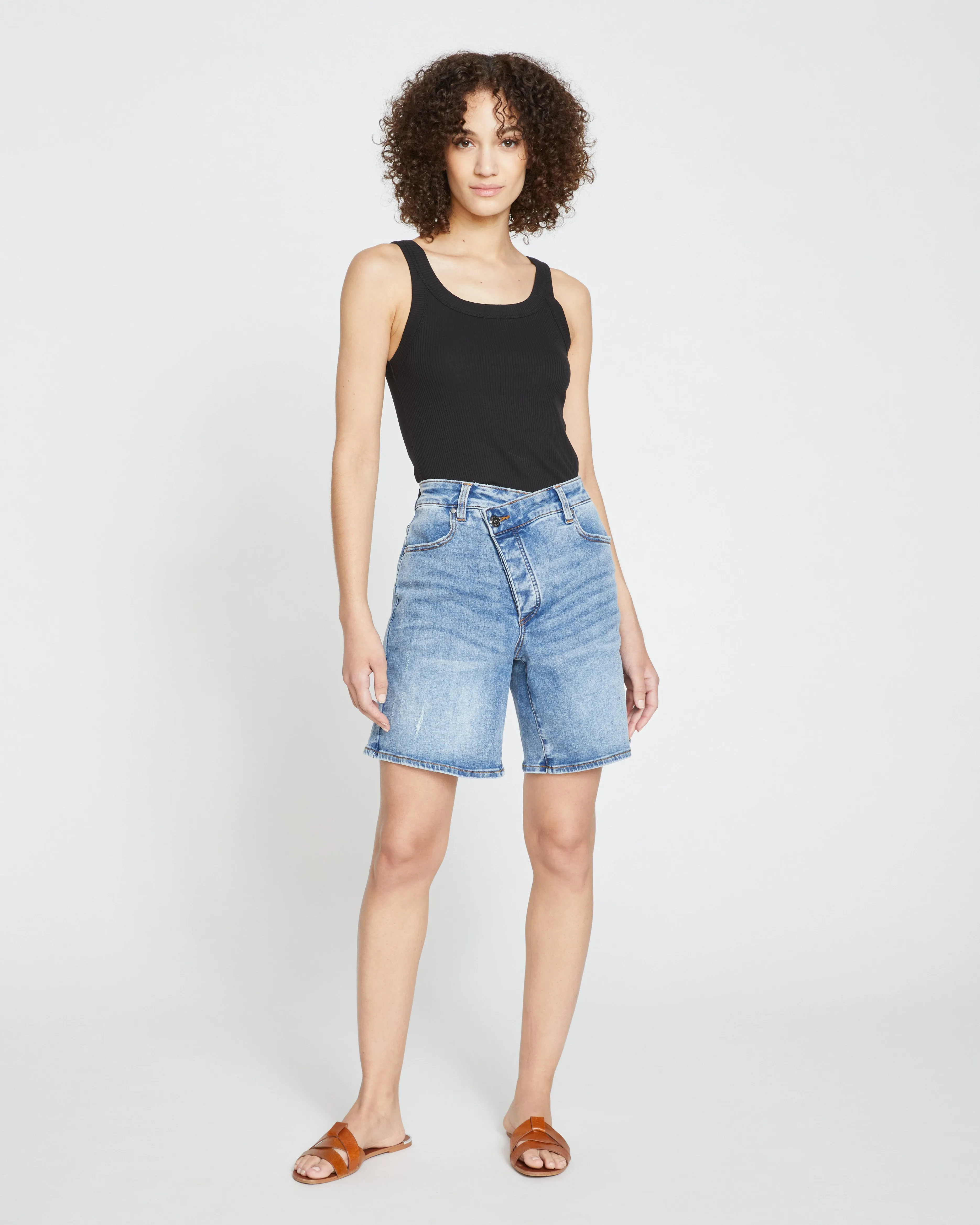 Katie High Rise Crossover Denim Shorts - Distressed Vintage Indigo Wash