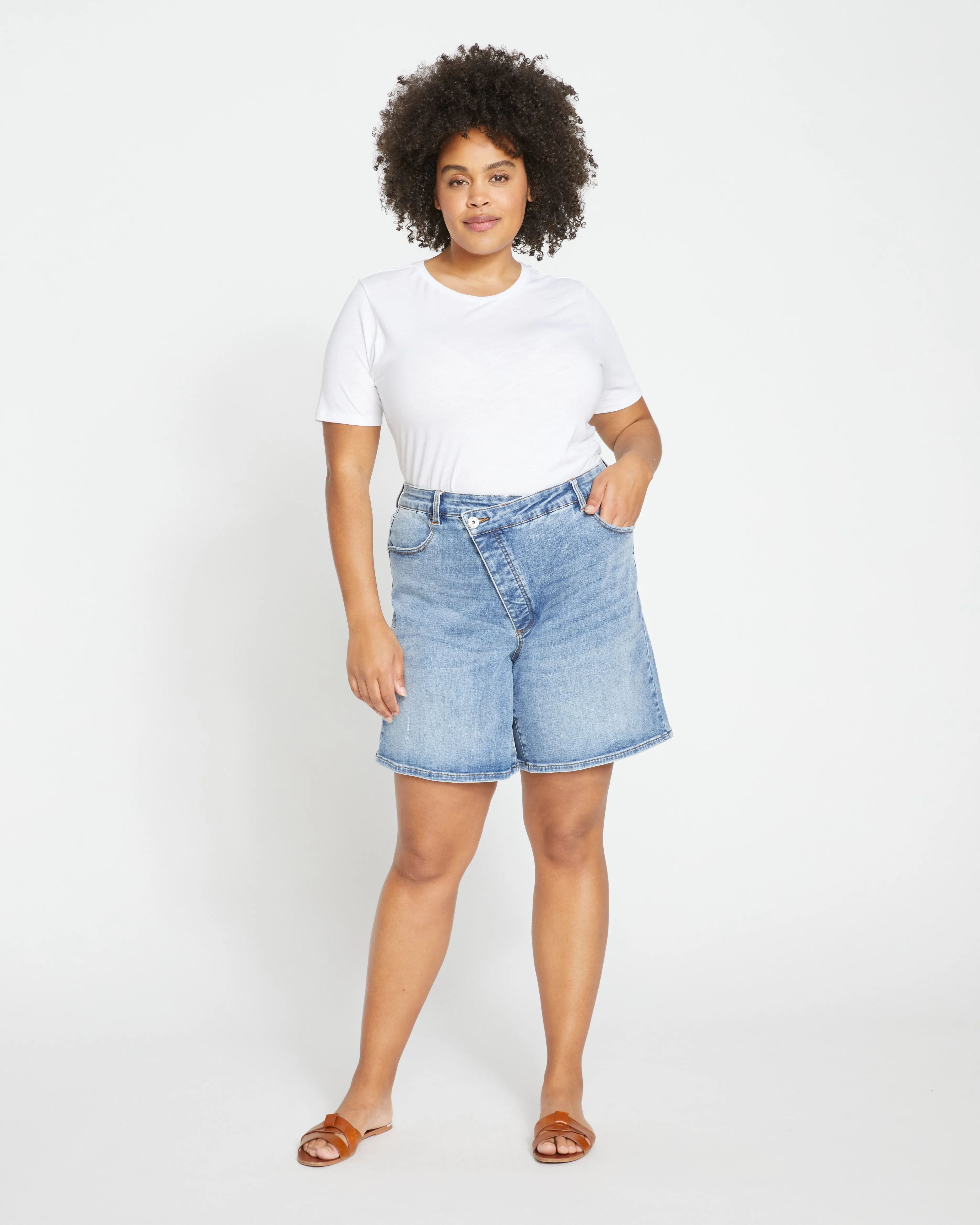 Katie High Rise Crossover Denim Shorts - Distressed Vintage Indigo Wash